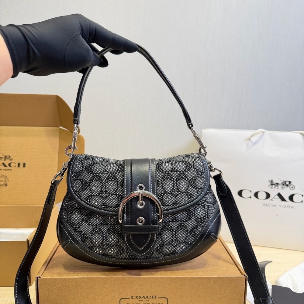 Coach Black Signature Jacquard Saddle Bag with Silver Buckle